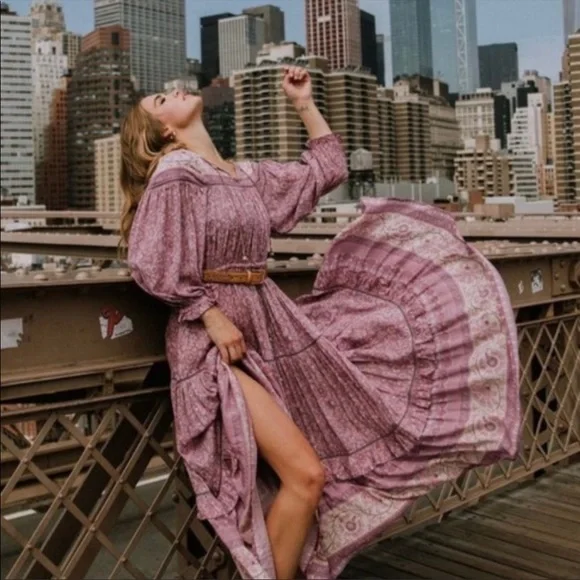 Spell Dahlia Tiered Midi Peasant Dress in Mulberry Pink/Purple Floral, Small EUC - Picture 2 of 16